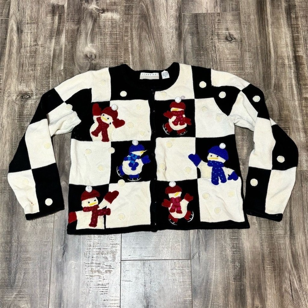 Marisa Christina Women's M Black 3D Snowman ugly Christmas Cardigan‎ Sweater